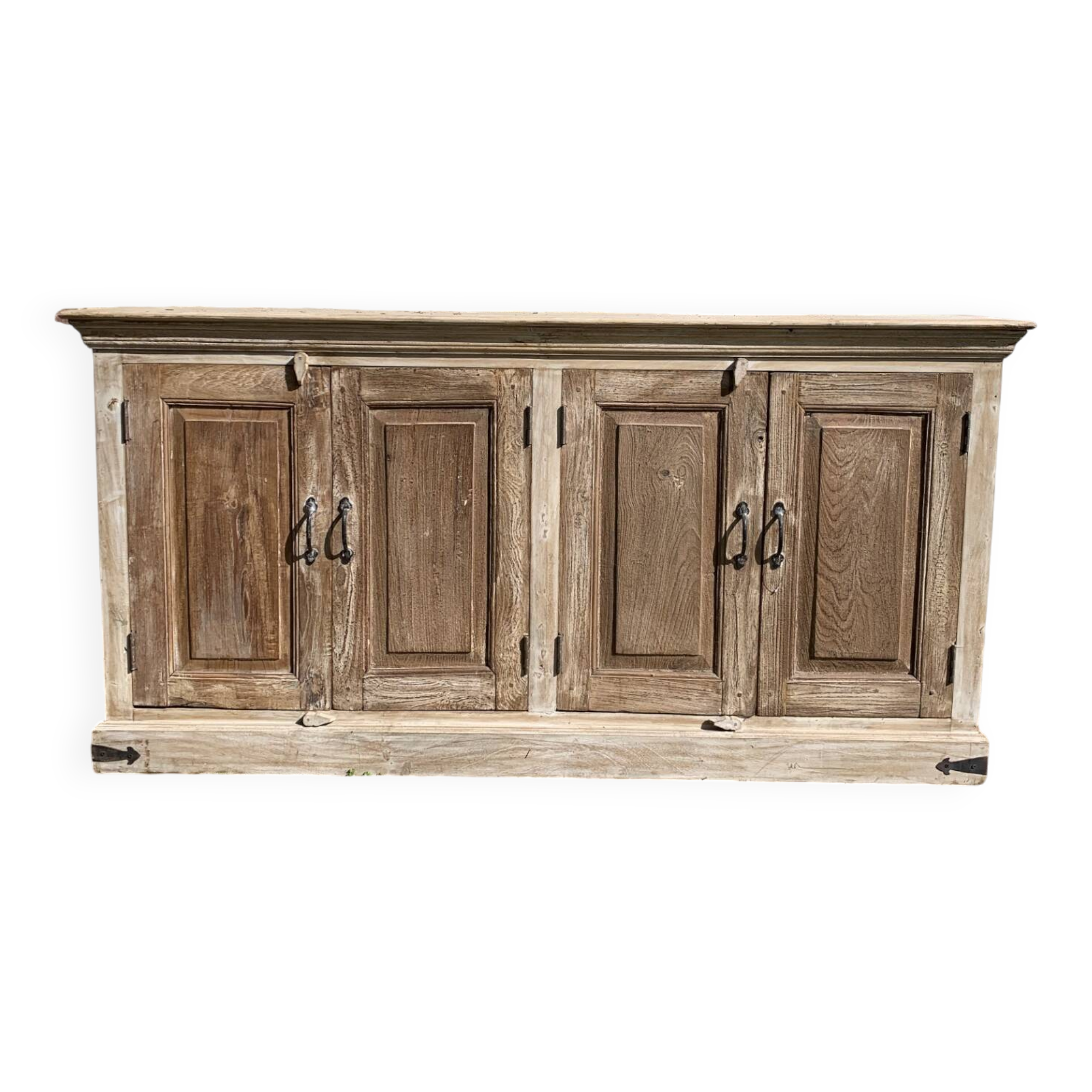 Low sideboard in raw wood, with 4 doors, salvaged from an Indian home