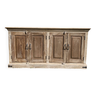 Low sideboard in raw wood, with 4 doors, salvaged from an Indian home