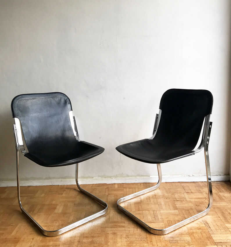Set of 6 chairs in chrome metal and black leather - 1970