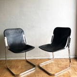 Set of 6 chairs in chrome metal and black leather - 1970