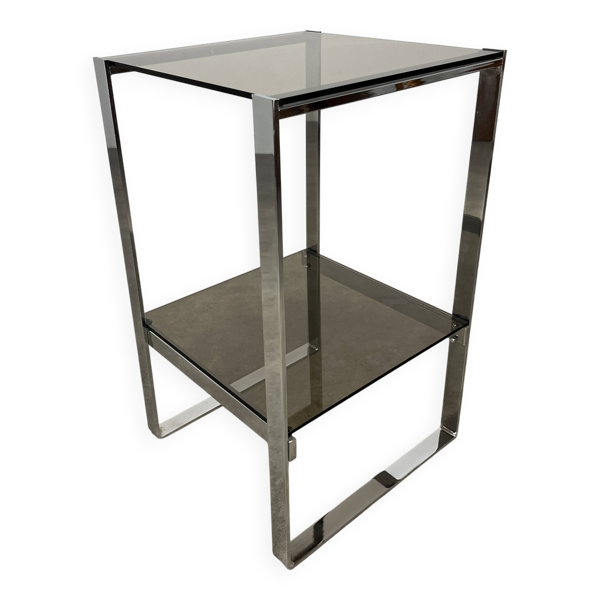 Table d'appoint, bout de canapé en métal chromé et verre fumé, années 70