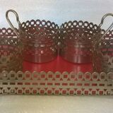 Serving tea tray with 4 glass holders in vintage silver metal
