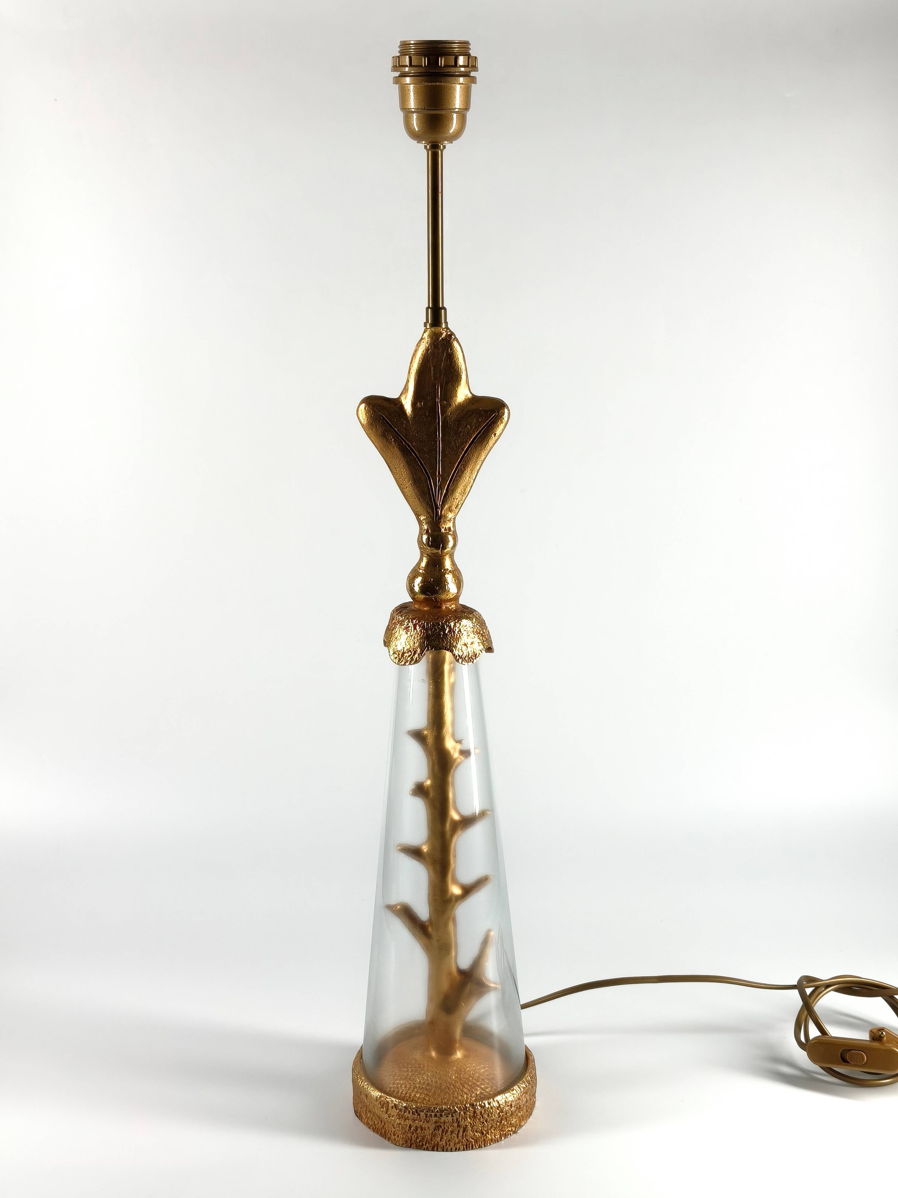 Vintage lamp base signed Pierre Casenove, gilded bronze, glass, 1970s.