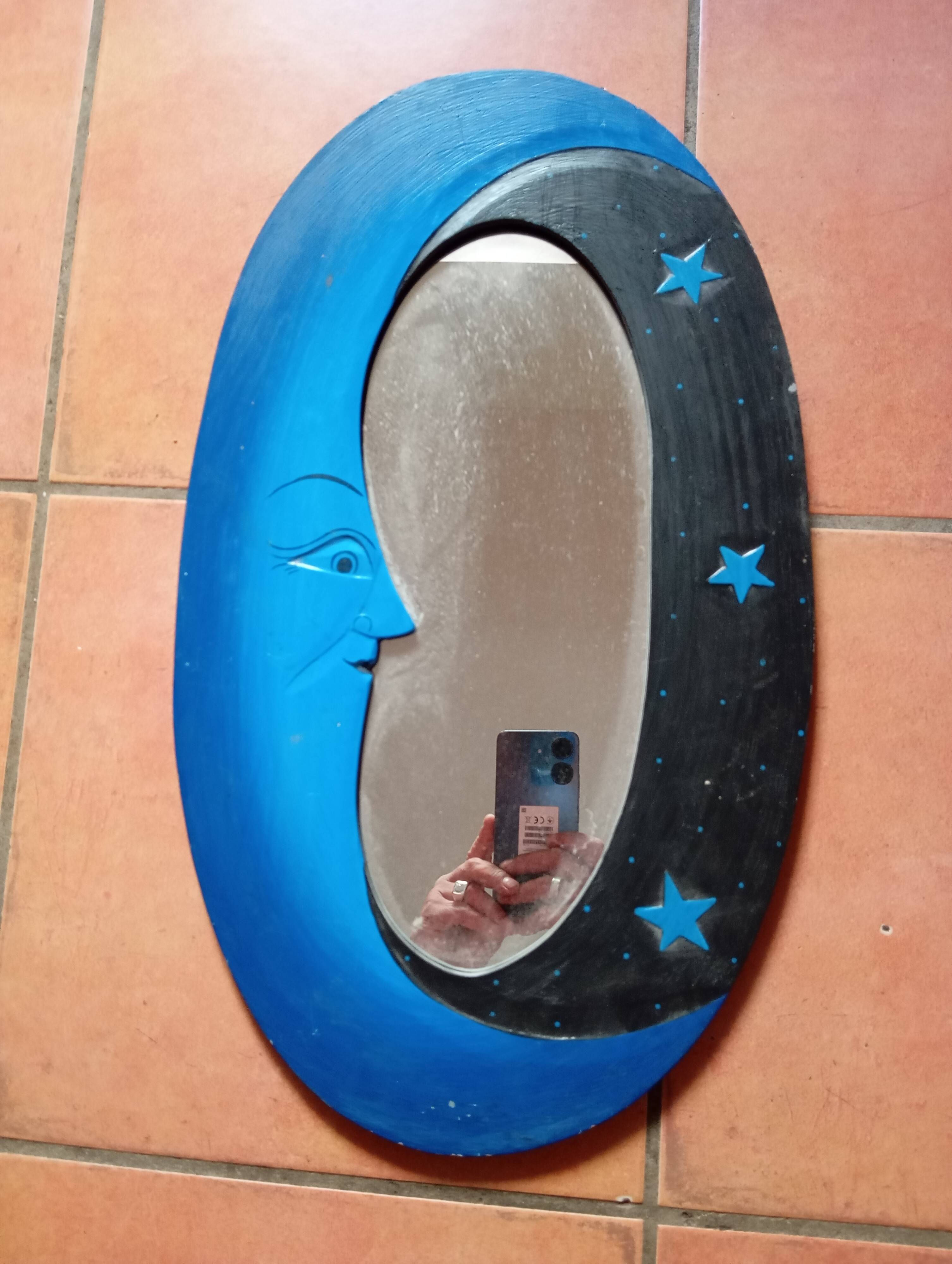 Blue & black wooden moon mirror