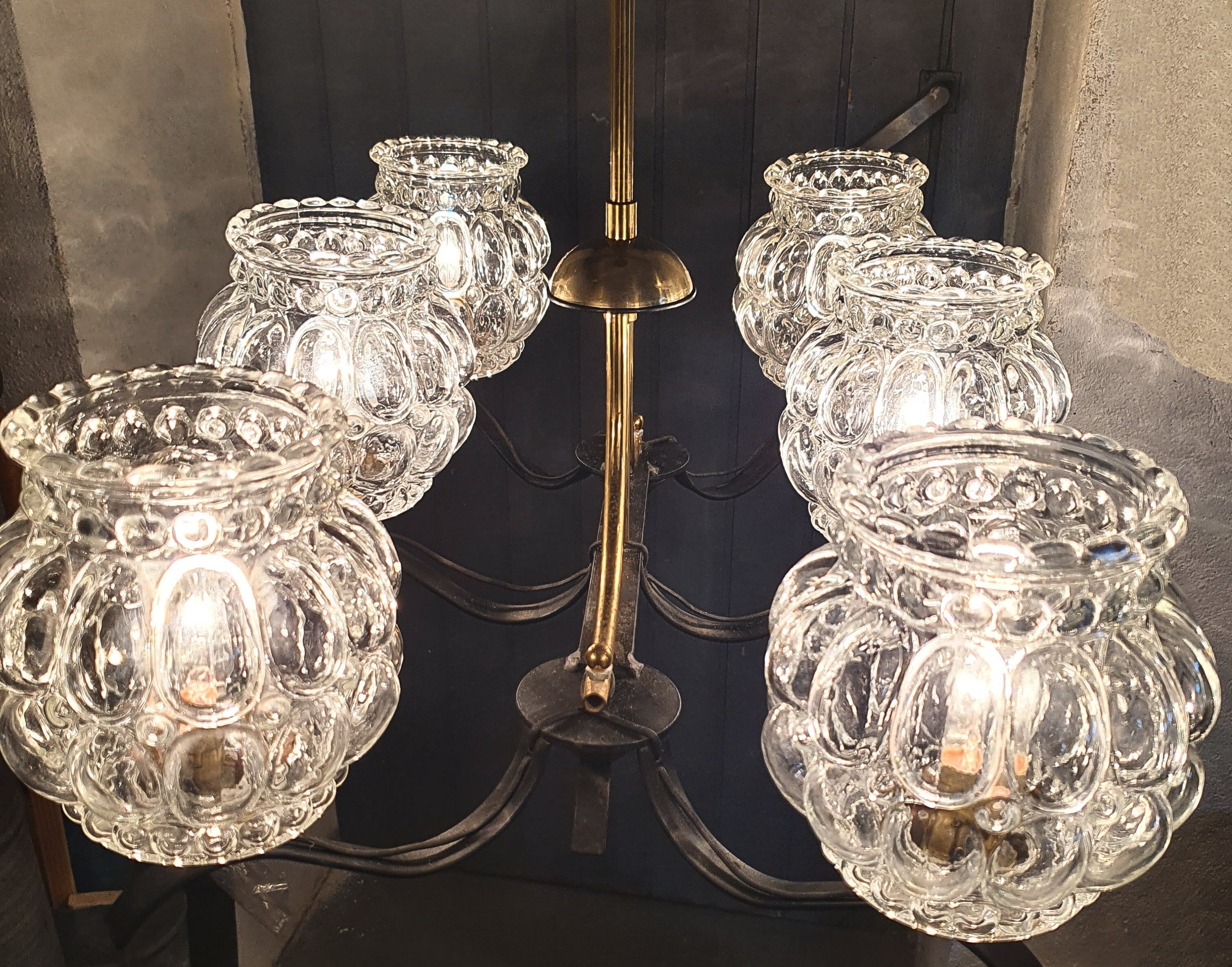 Suspension 50s/60s Arlus in brass and glass