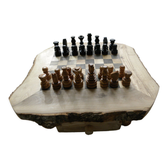 Vintage Jeux d'échec en bois d'olivier fait à la main en Tunisie échiquier avec tiroir de rangement