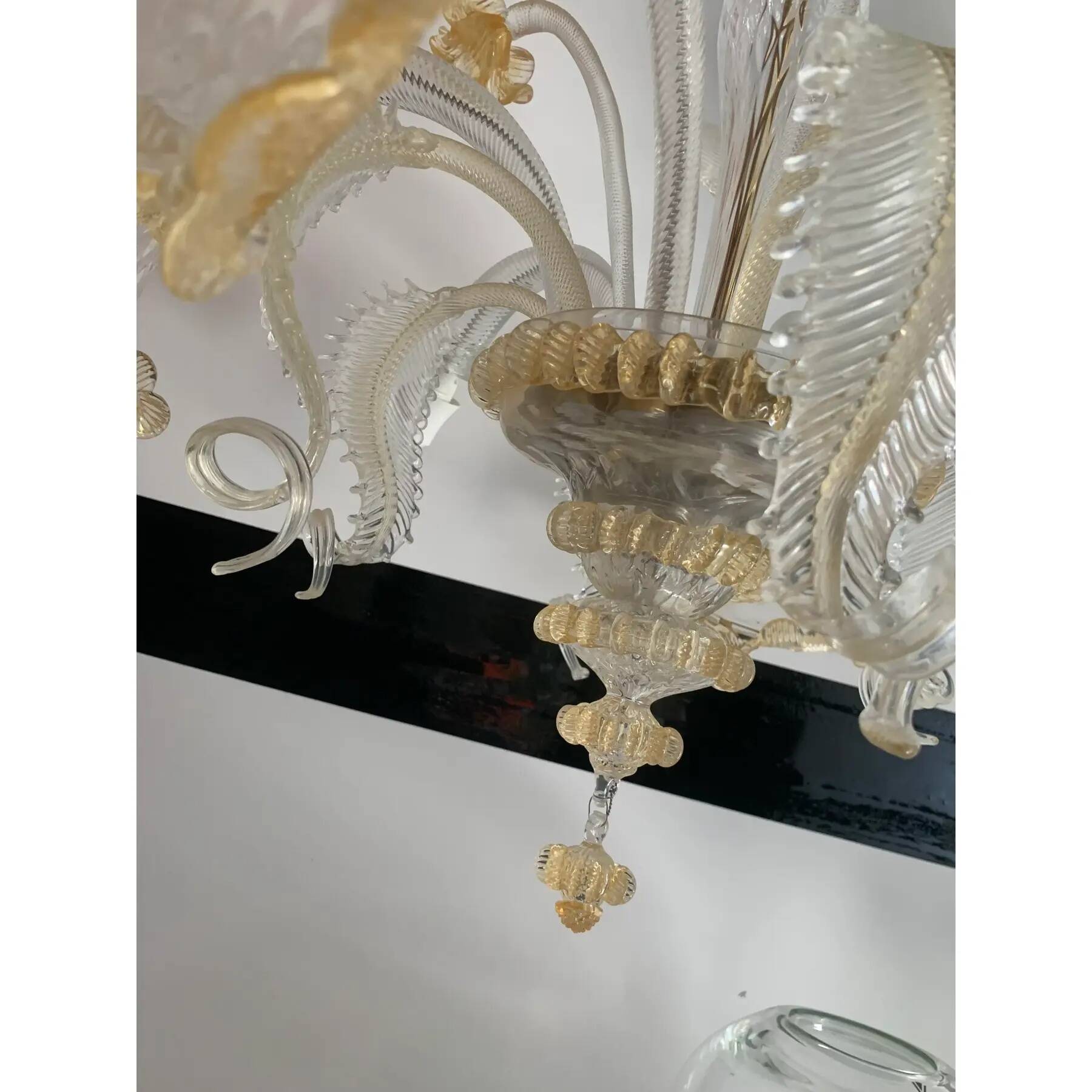 Venetian Murano-Style Glass Chandelier in Transparent and Gold with Flowers