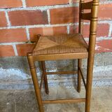 Tabouret de bar haut ancien bois tourné + assise paillée vintage