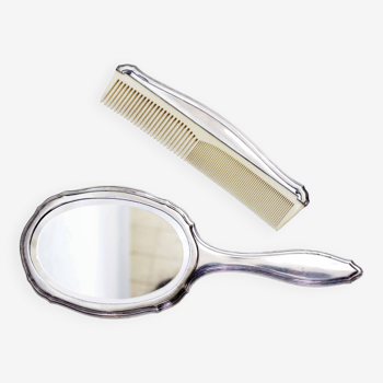 Silver hand mirror and comb