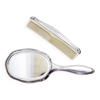 Silver hand mirror and comb