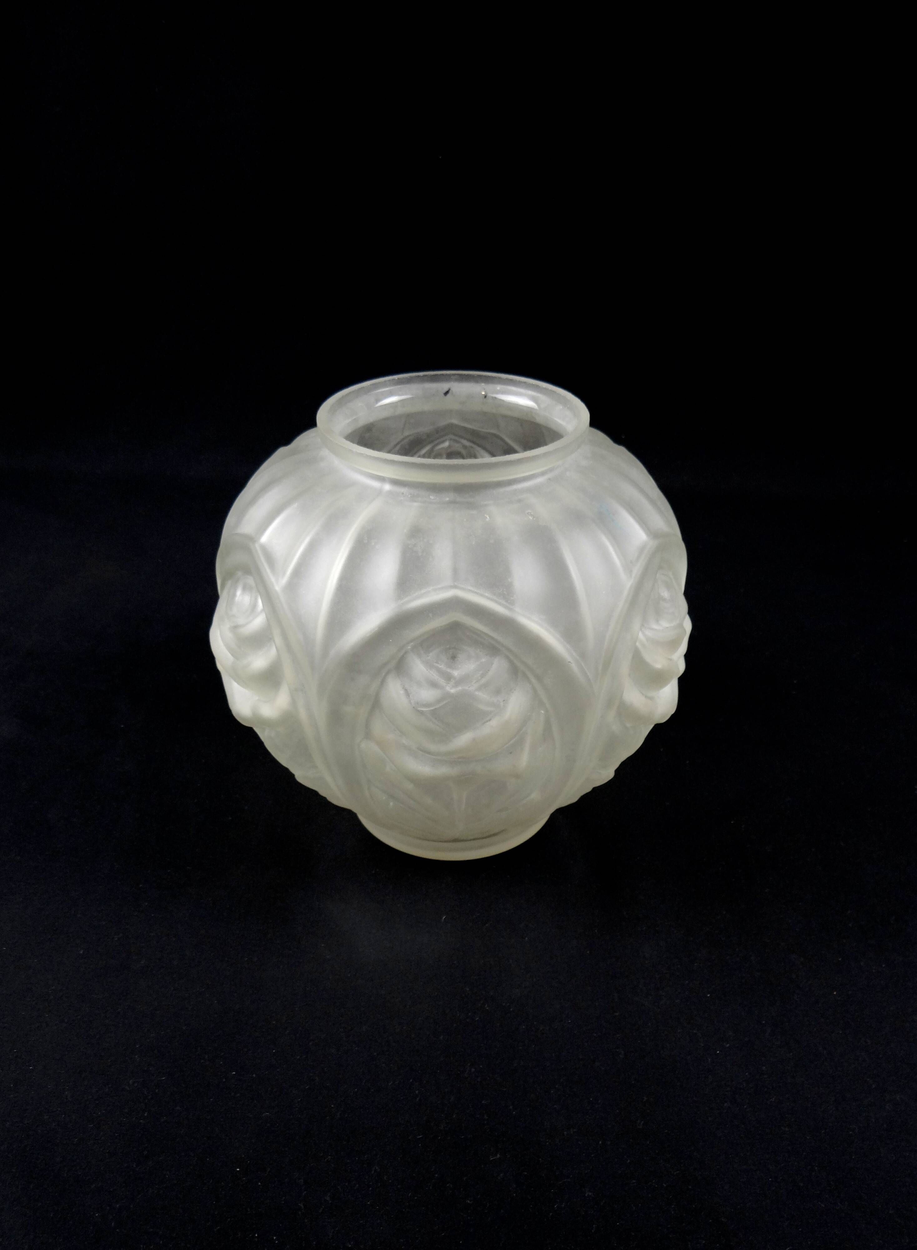 Art Deco ball vase with arches and roses in frosted molded glass