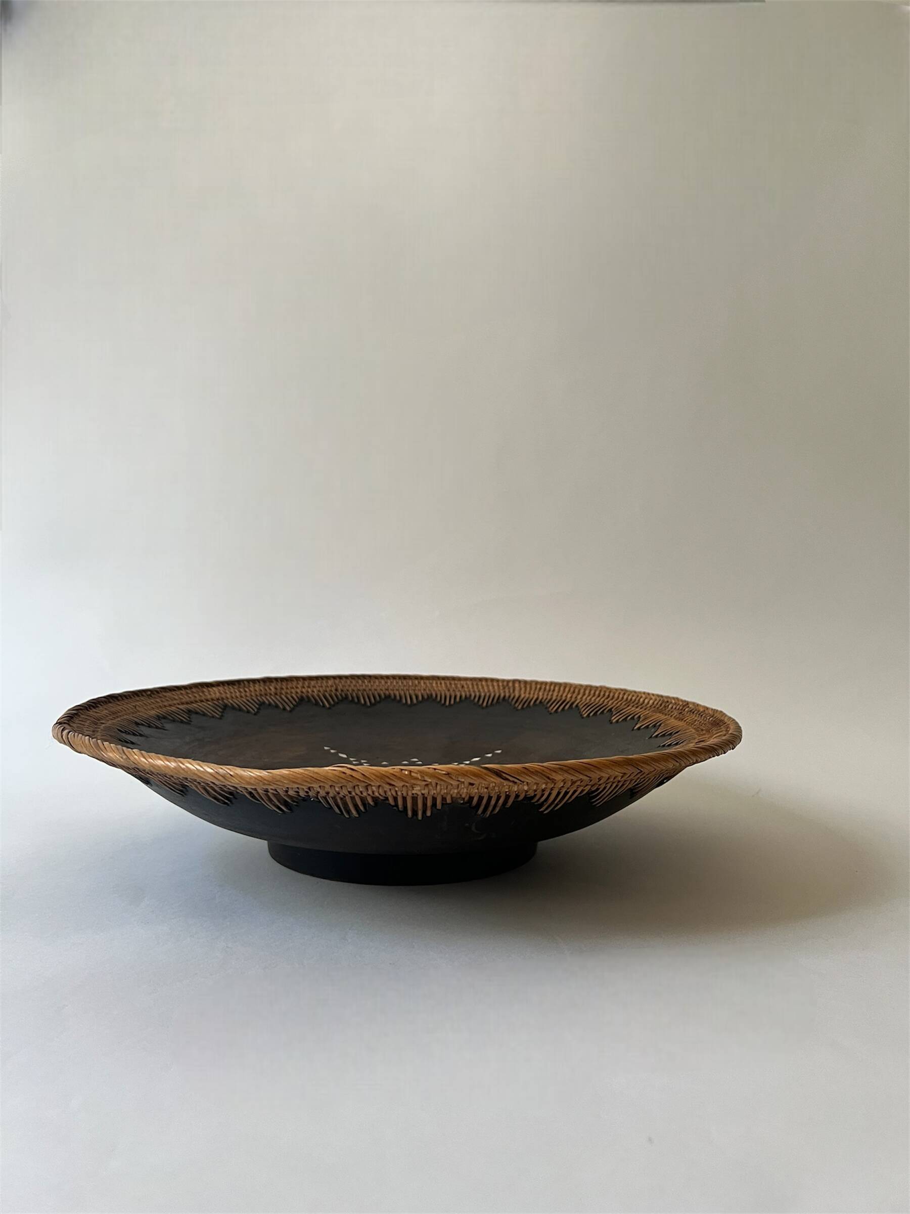 Large basket/trinket tray in blackened wood, wickerwork & mother-of-pearl