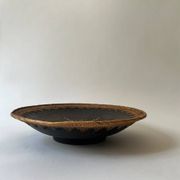 Large basket/trinket tray in blackened wood, wickerwork & mother-of-pearl