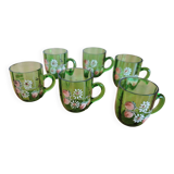 Lot de 6 verres à liqueur vert foncé avec anse décor floral
