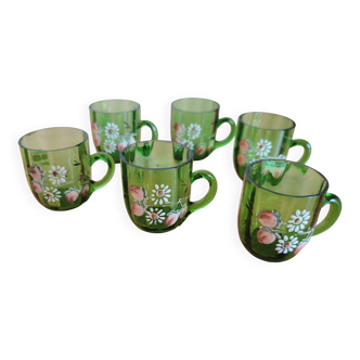 Lot de 6 verres à liqueur vert foncé avec anse décor floral