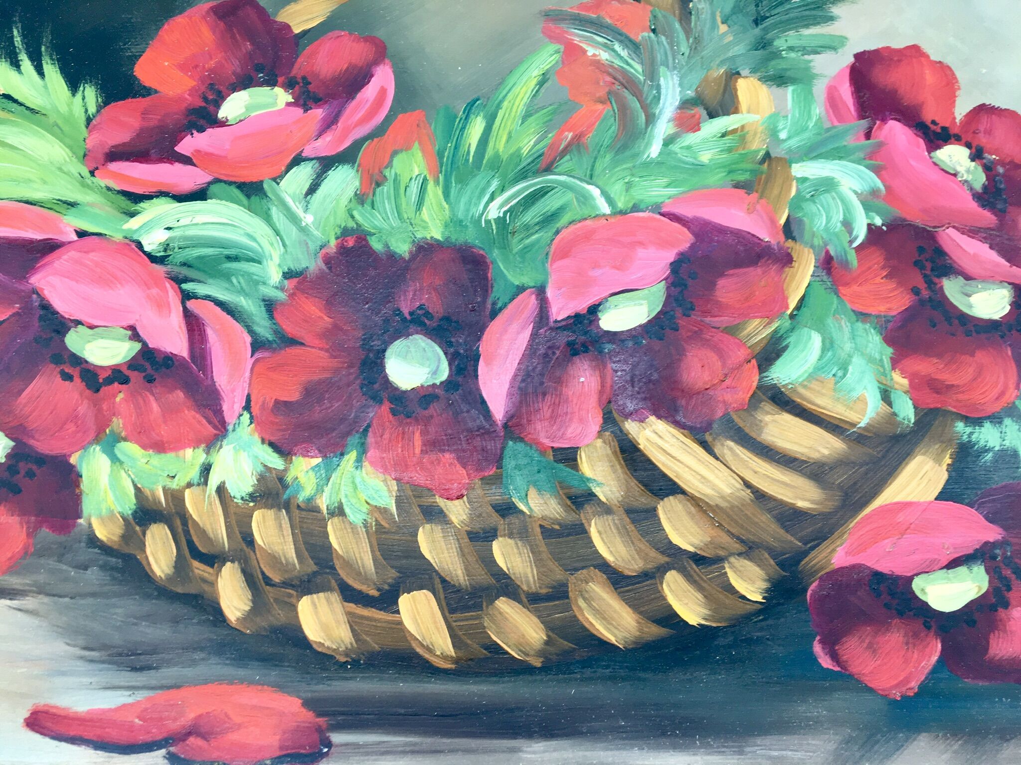 Still life painting with a basket of flowers from the 70s