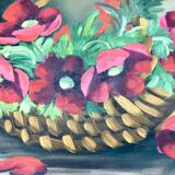 Still life painting with a basket of flowers from the 70s