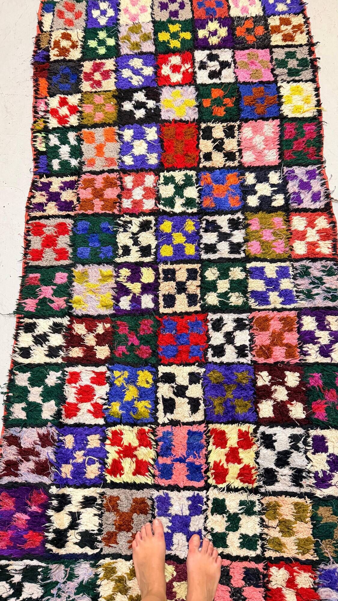 Vintage multicoloured Boucherouite hallway rug - 255 x 100 cm