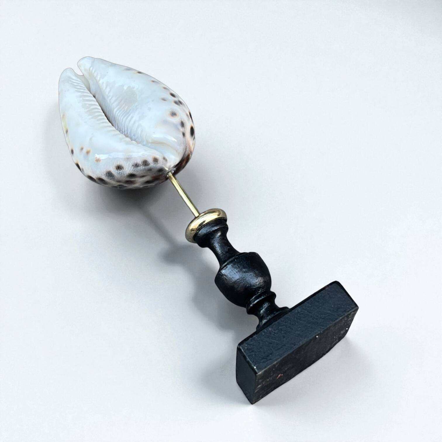 Tiger porcelain seashell on a wooden base, late 19th century