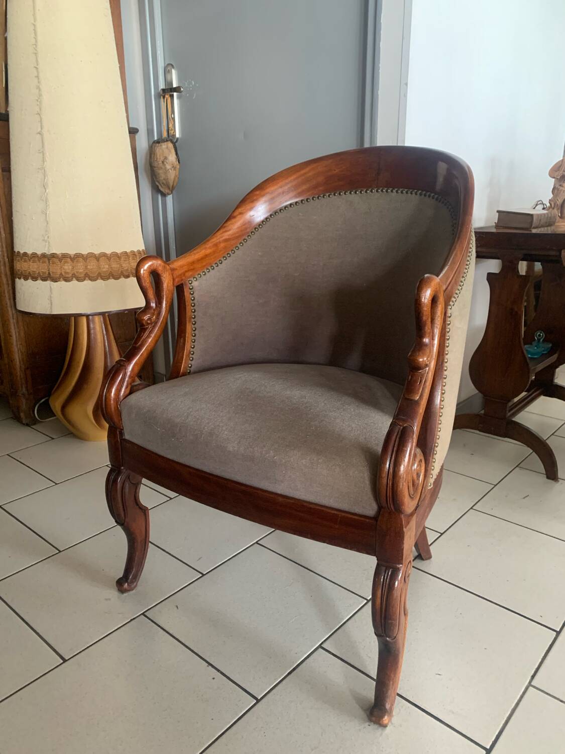 Antique armchair, Restoration style, swan neck