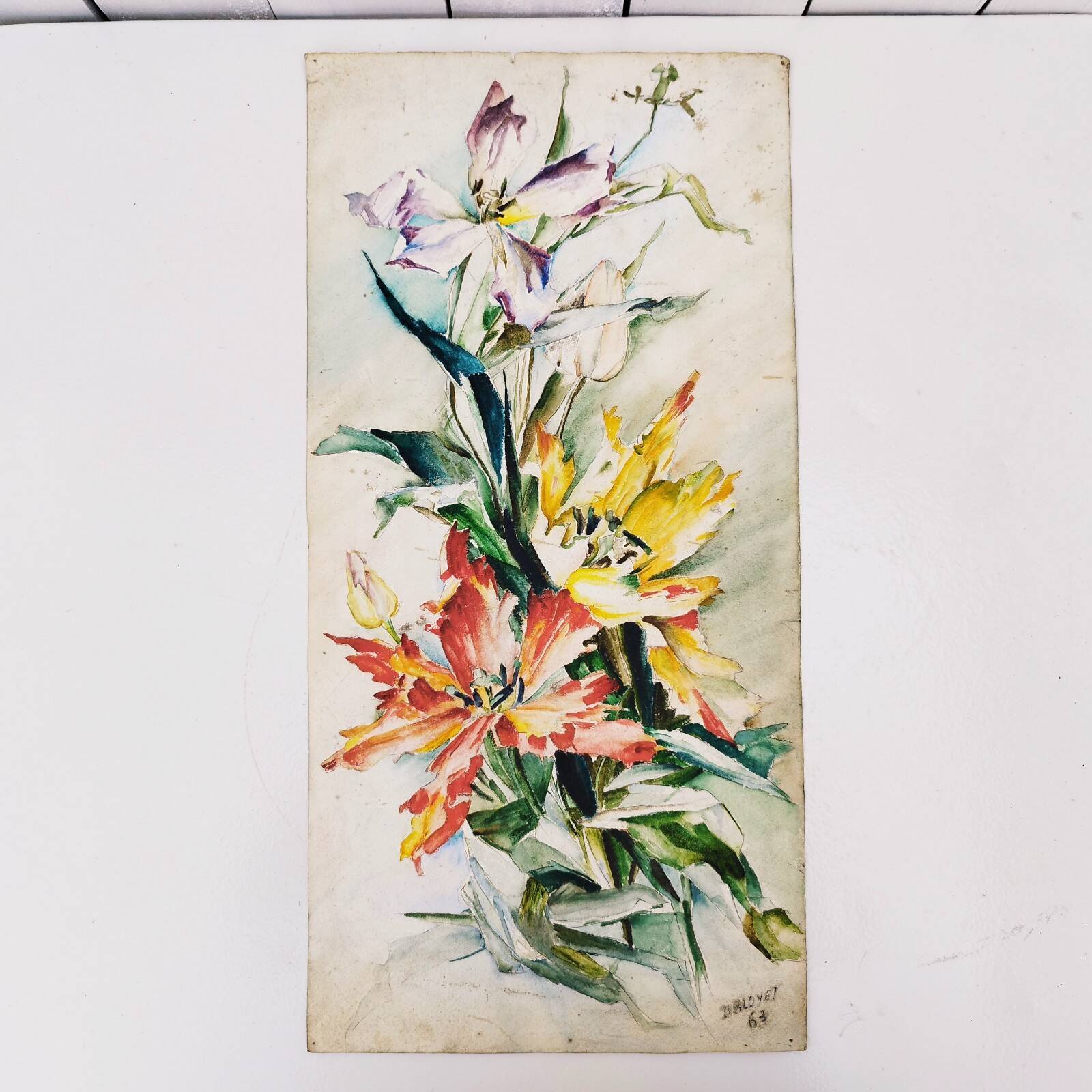 Watercolor bouquet of iris signed vintage