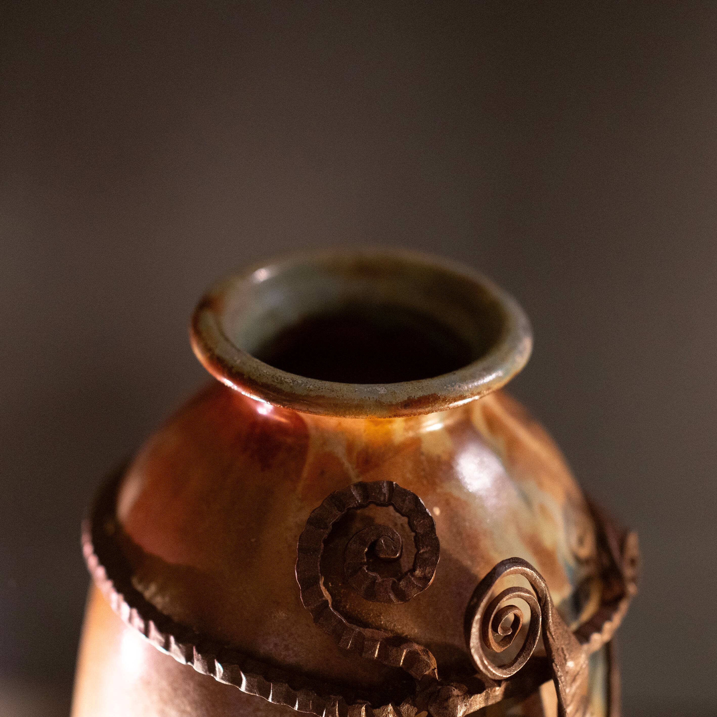 stoneware shell vase, wrought iron frame, roger guerin & francois carion, bouffioulx ca 1920