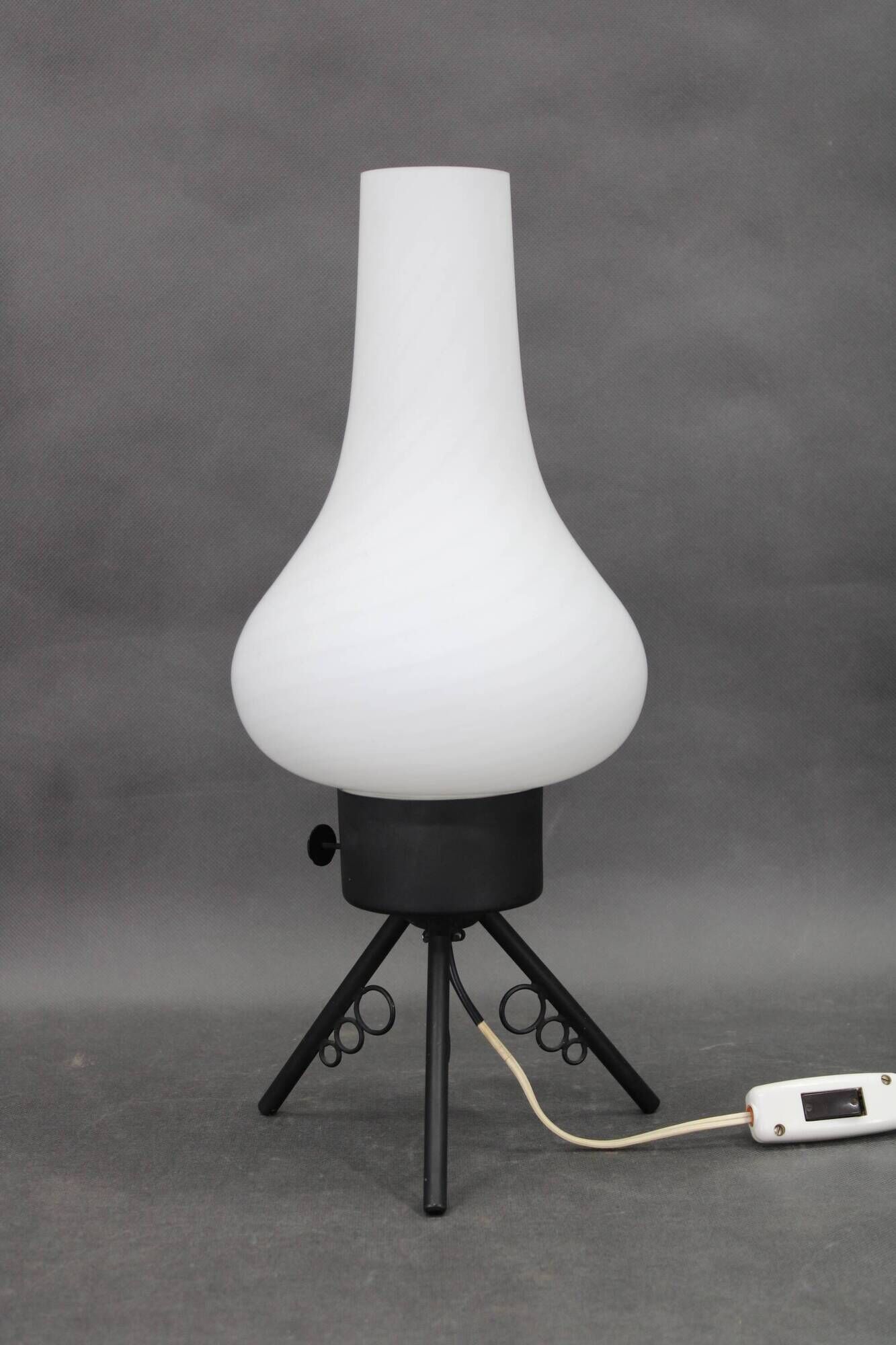 1960s Czech mid-century table lamp with sculptural glass shade and metal tripod
