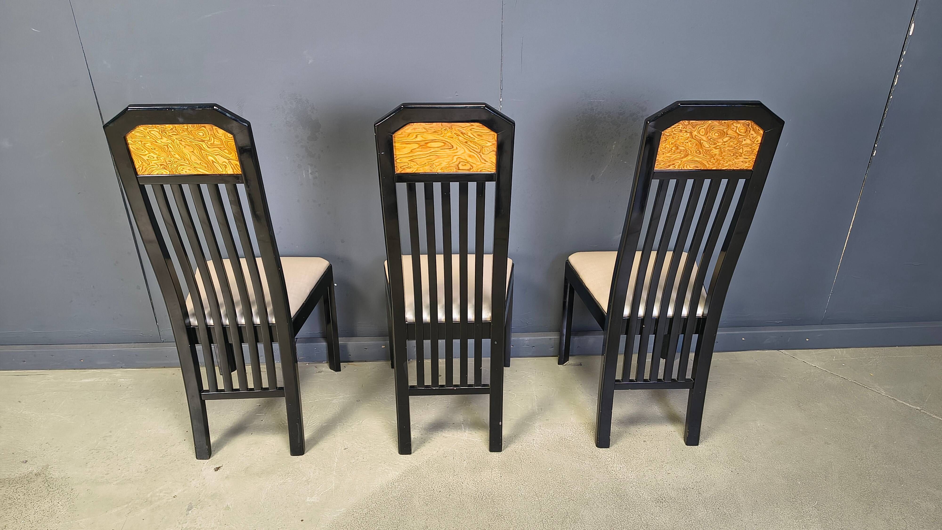 Vintage burl wood and lacquer dining chairs, 1980s