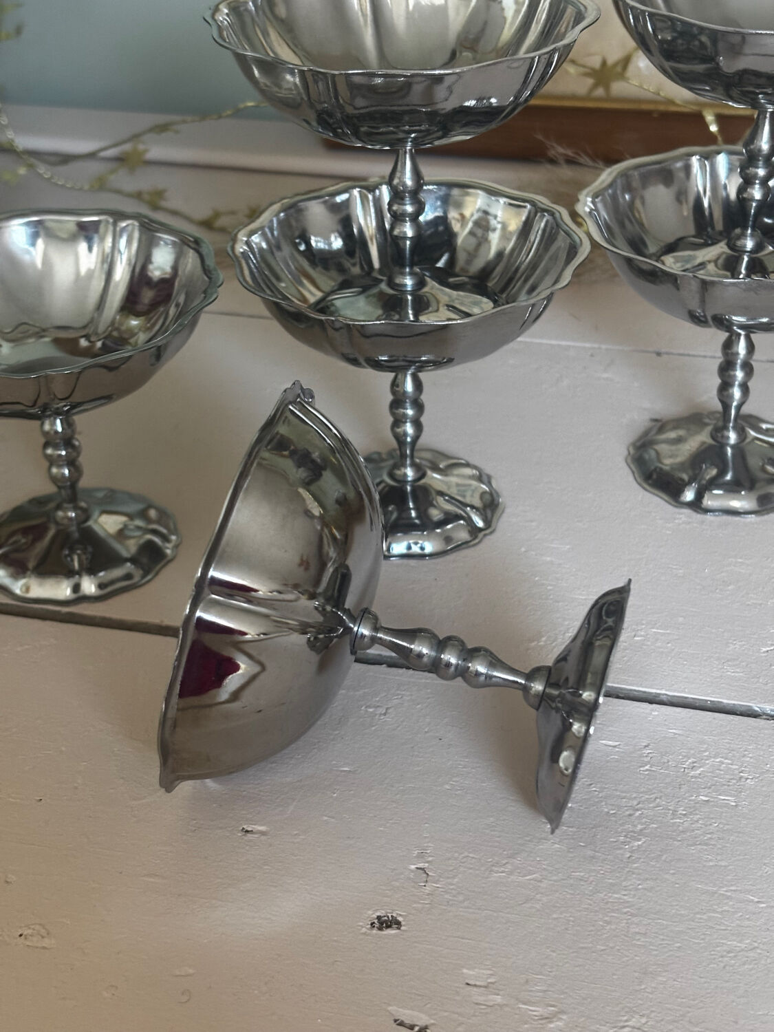 Vintage set of 6 finely engraved stainless steel bowls.
