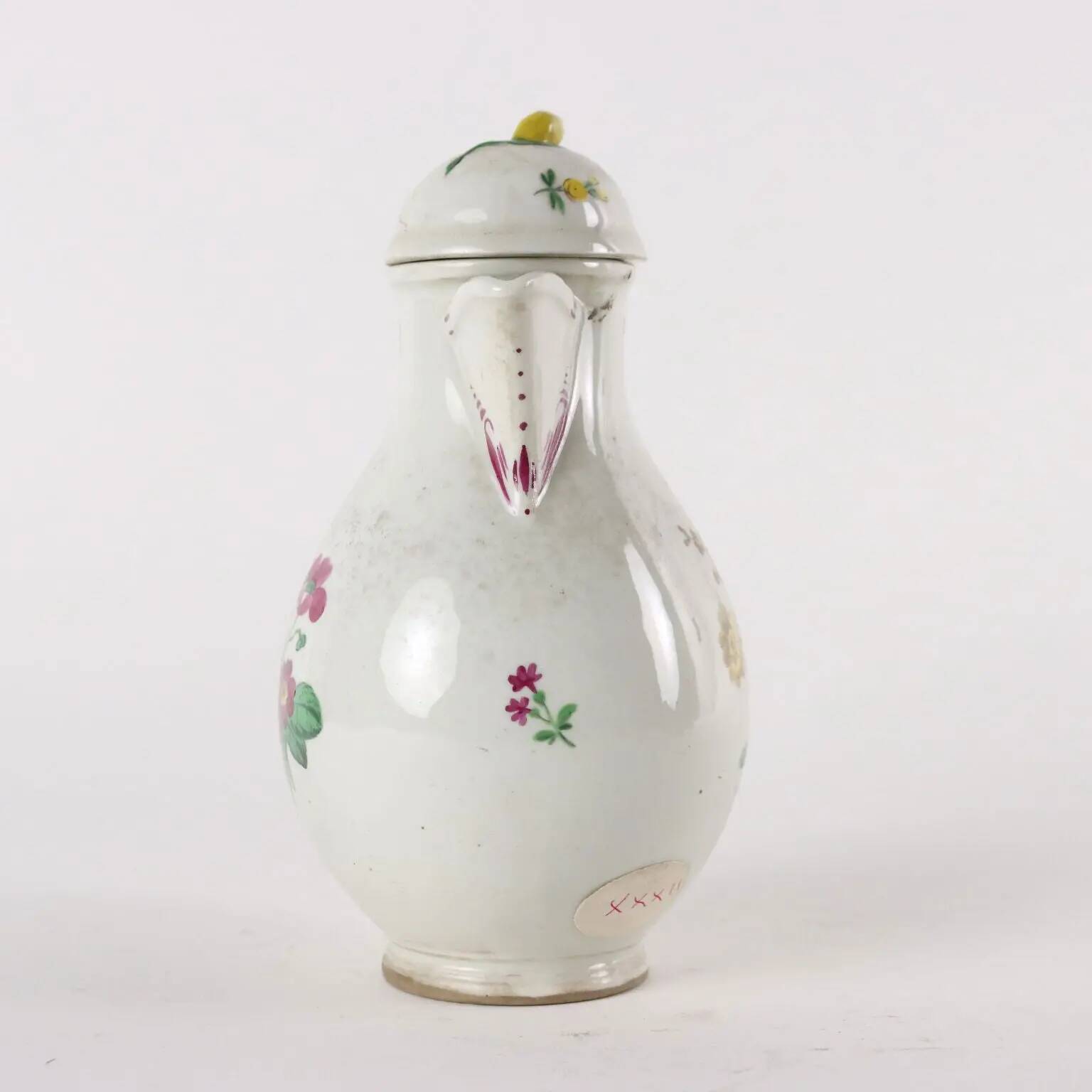 Antique white porcelain coffee pot from Vienna, painted, 18th century.