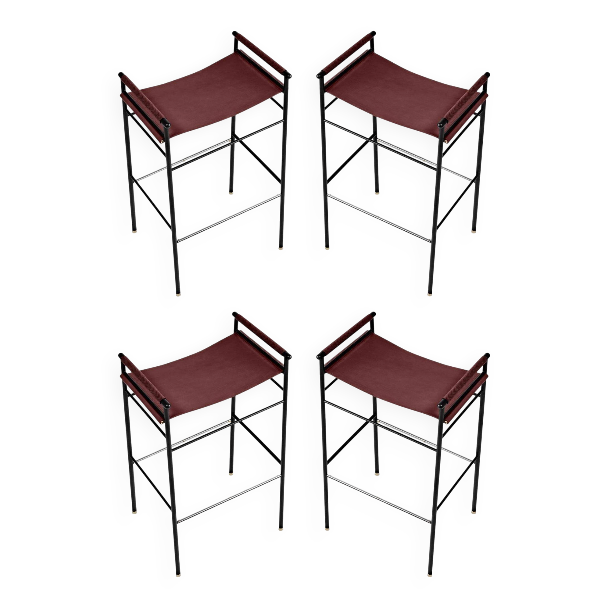 Jeu de 4 tabourets de bar artisans contemporains Cuir cognac et métal engomé noir