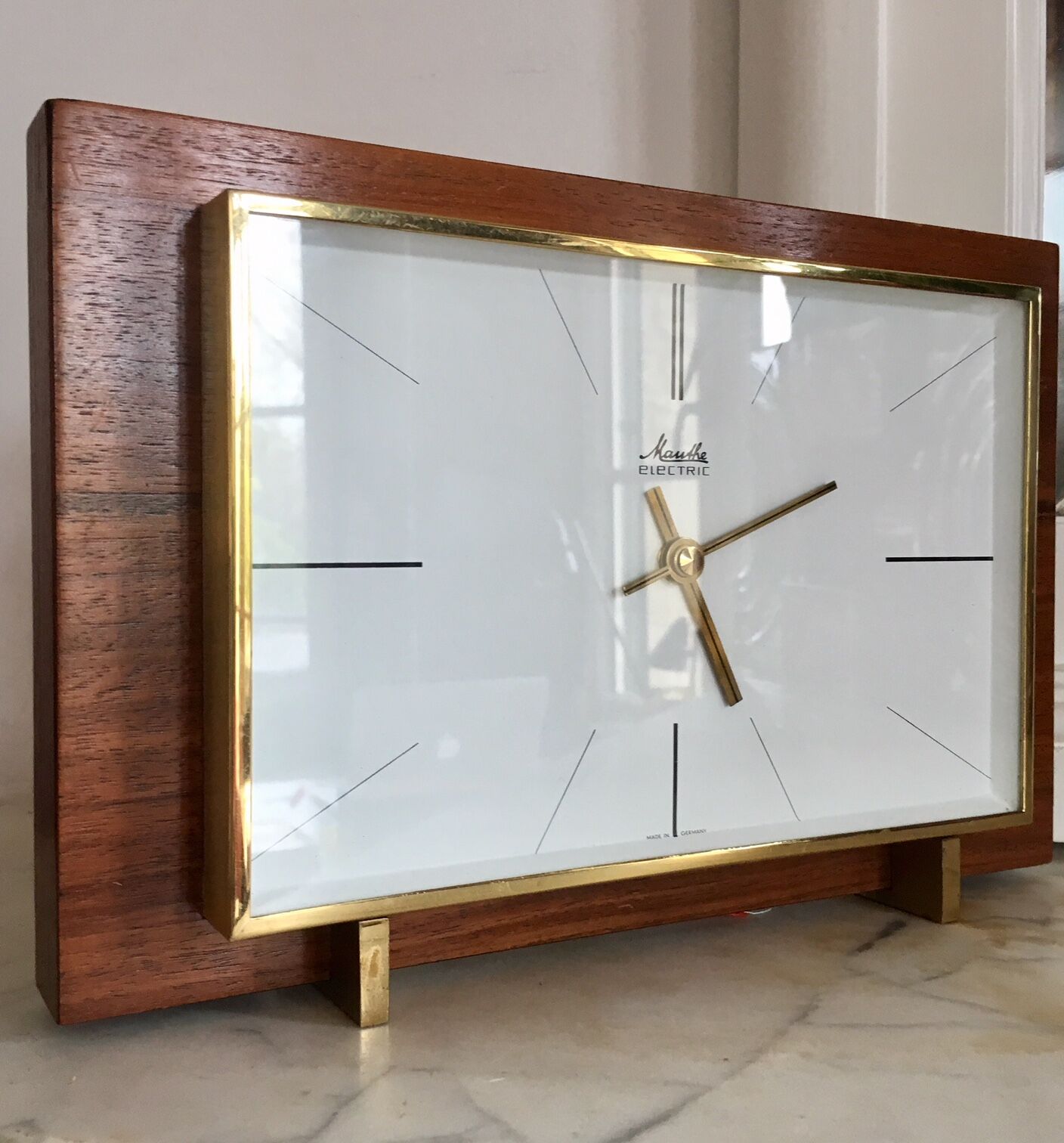 Modernist West German Glass and Brass Wood Clock 1960