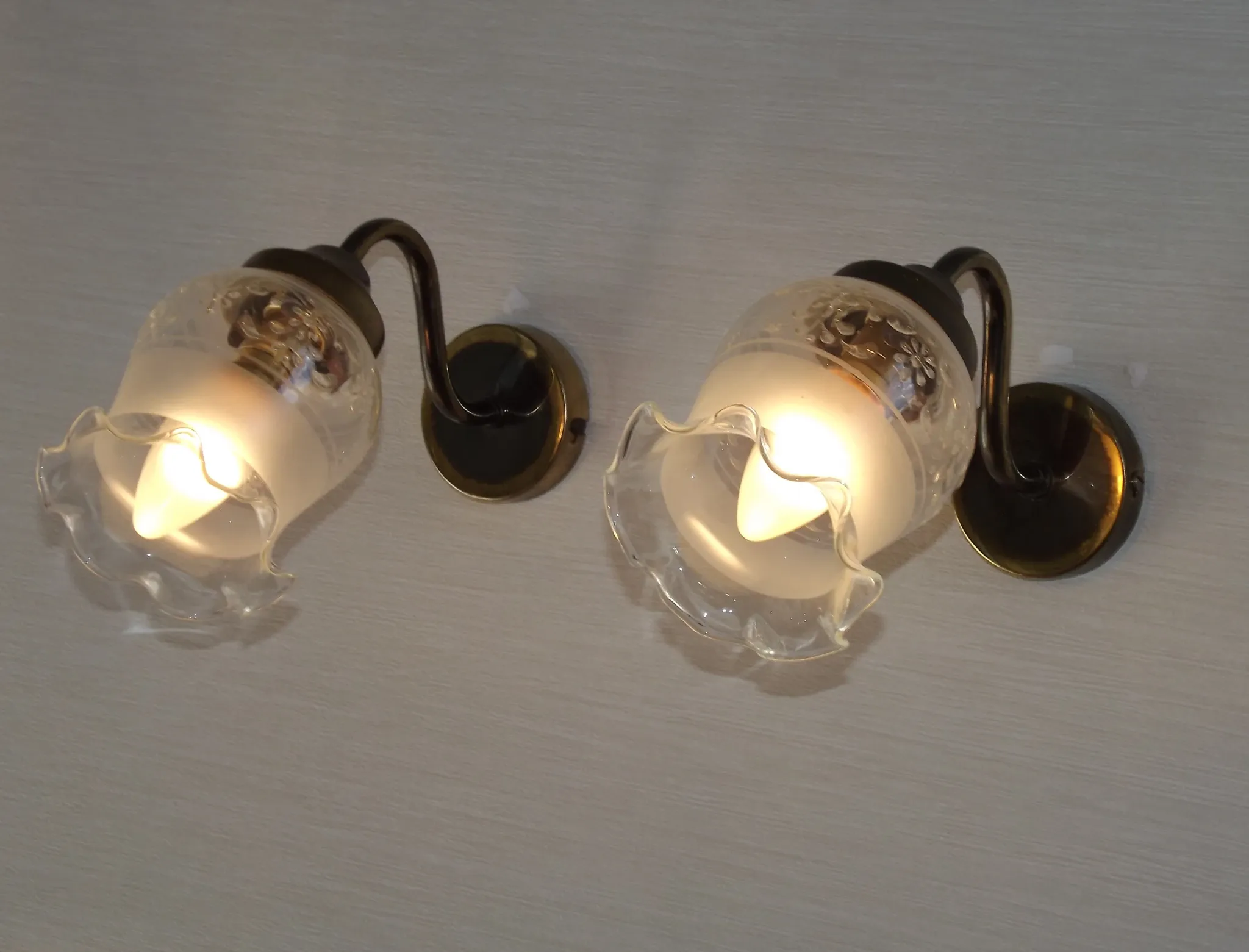 Pair of French Vintage Bronze Effect Metal Wall LIghts Floral Glass Shades