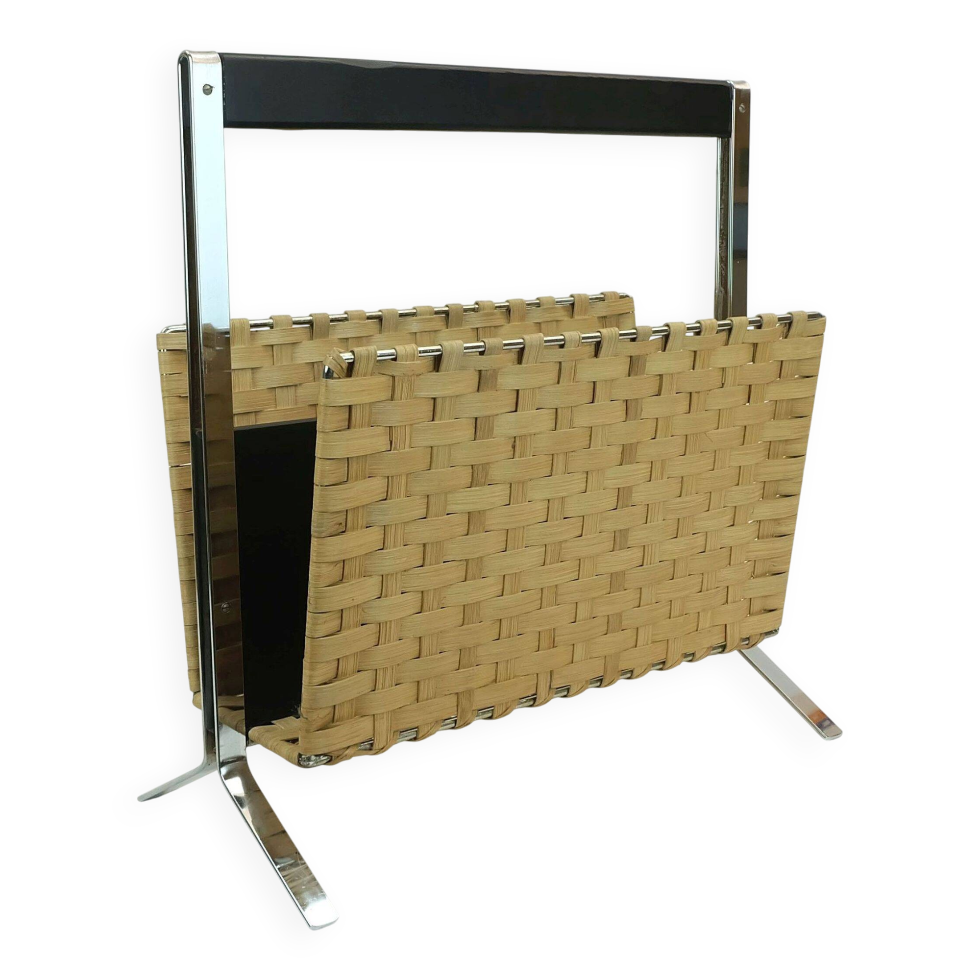 1970s vintage magazine rack newspaper holder chrome leather bamboo