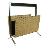 1970s vintage magazine rack newspaper holder chrome leather bamboo