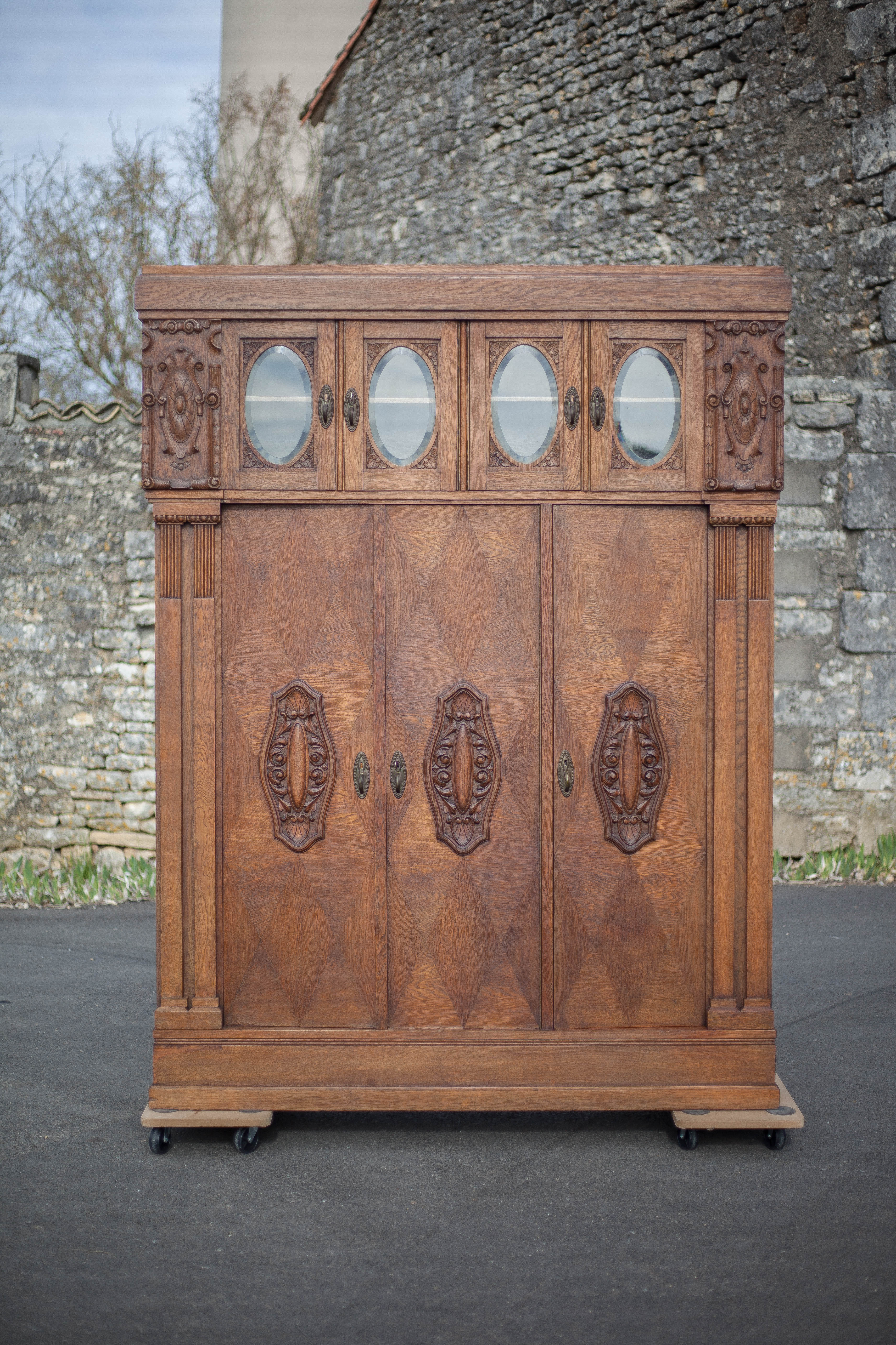 Bookcase carved wood 3 old doors, bookcase window beveled