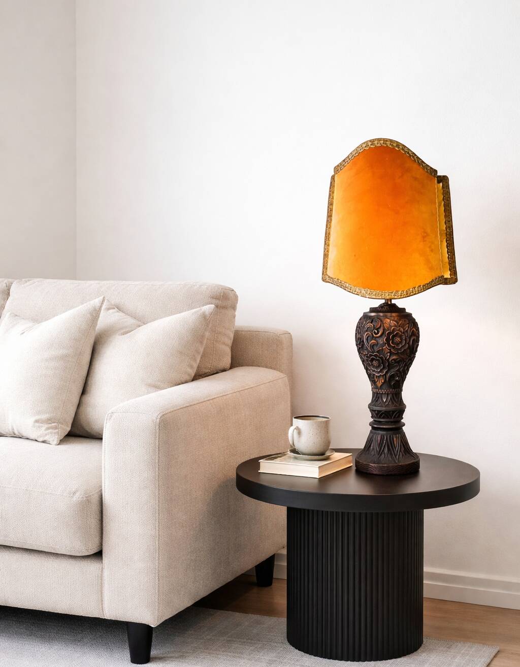 Large Carved Wood Half Shade Table Lamp