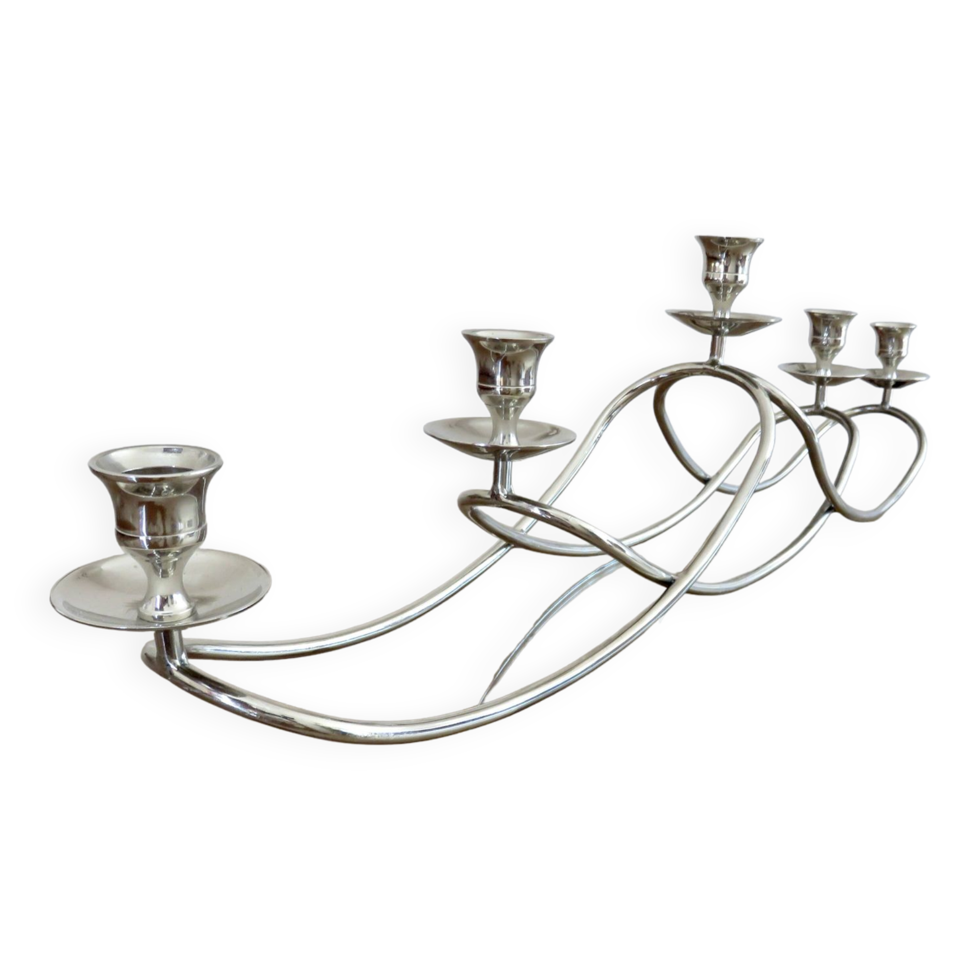 XXL silver metal candle holder 5 lights 70s