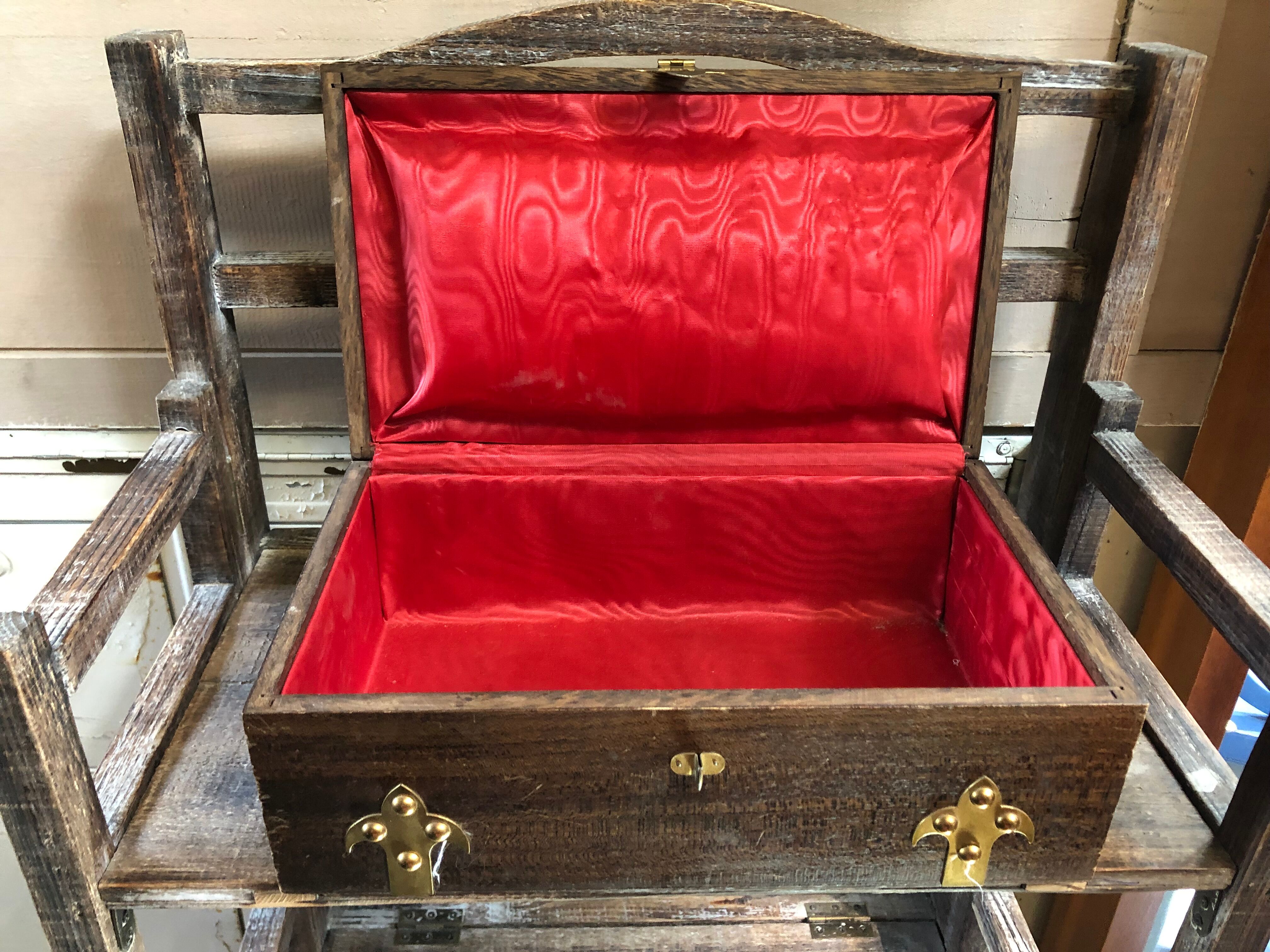 Old Box Storage Wood + Clamoir Metal Gilded Interior Fabric Red Vintage