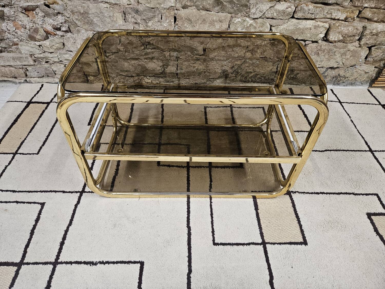 Brass coffee table with sliding top and smoked glass, 1970s vintage