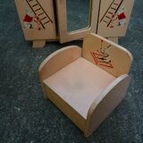Doll cabinet and armchair, children's toy, 1930s, stencil rabbit pattern