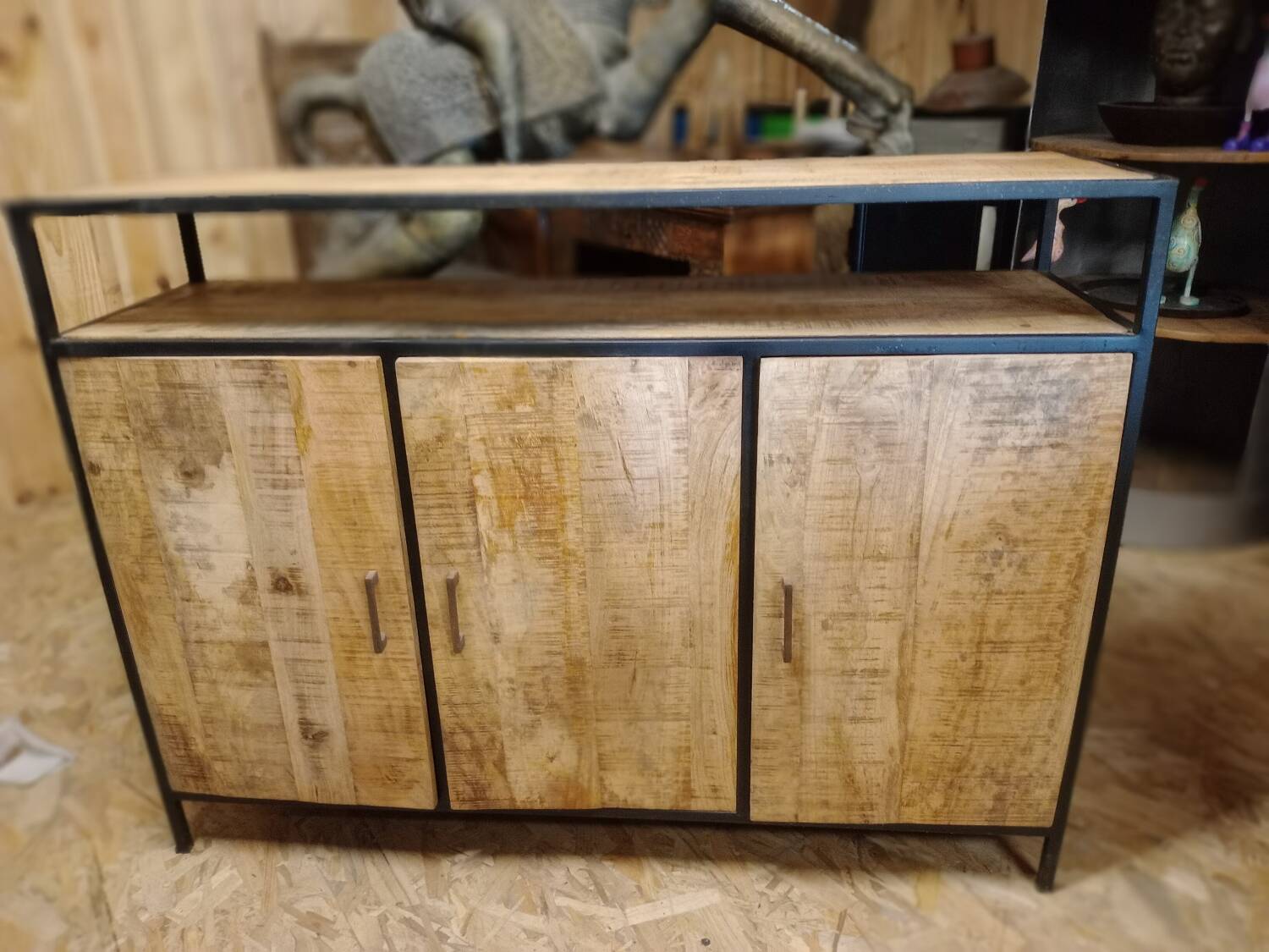 Industrial-style buffet made of solid mango wood.