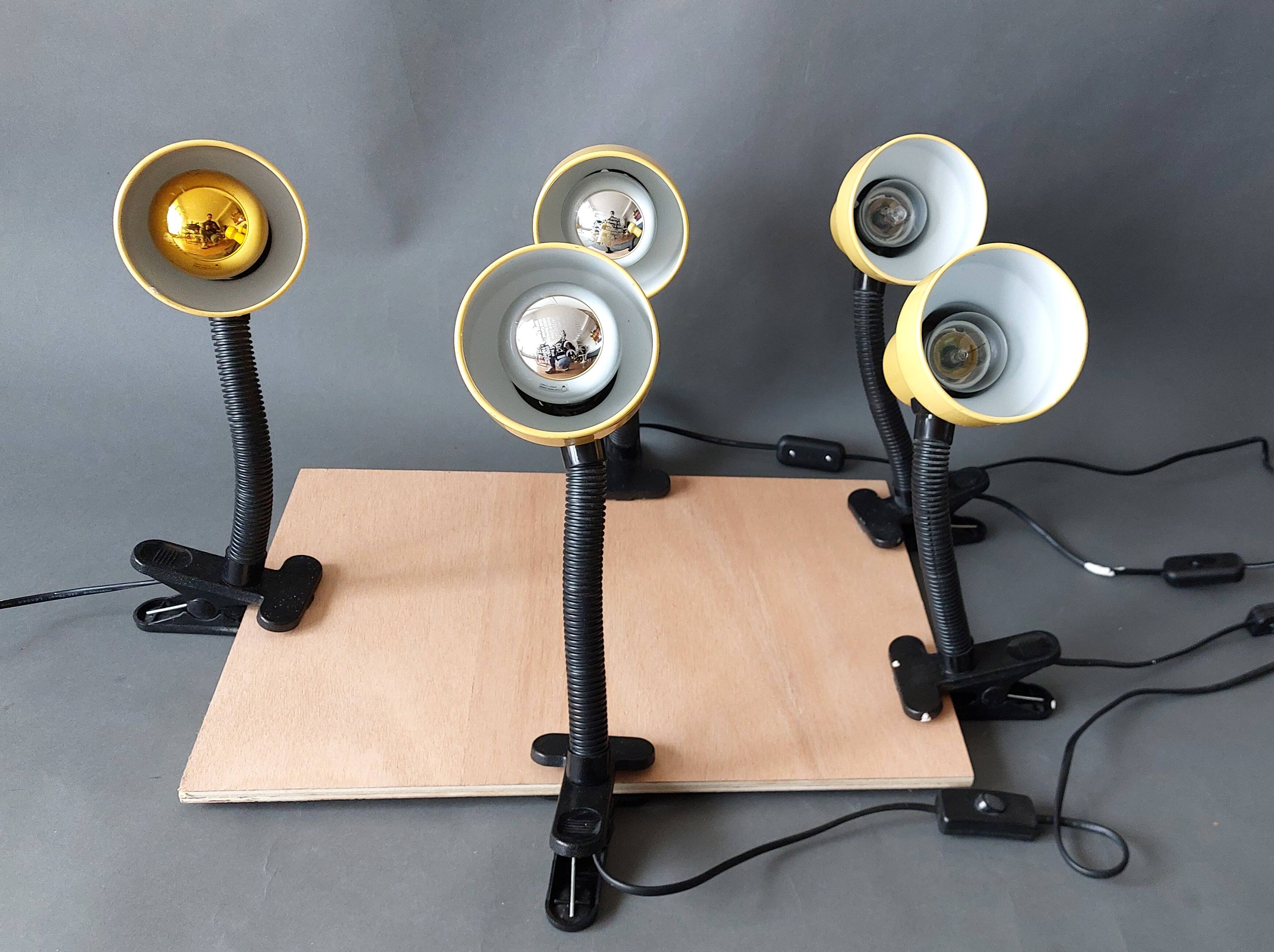 Series of 5 yellow lacquered adjustable clamp spotlights 1980 Vintage.