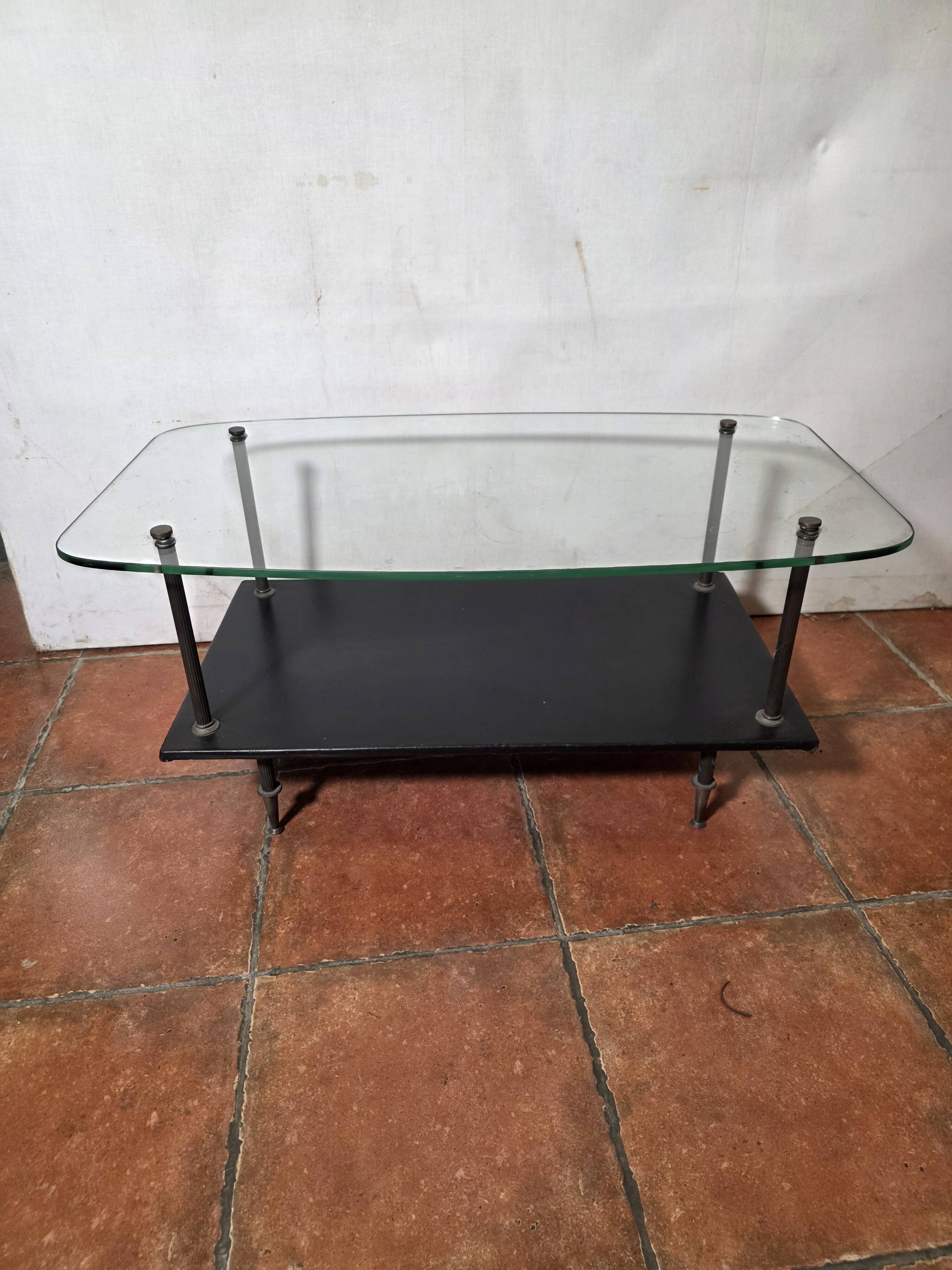 Vintage coffee table from the 1960s, glass, faux leather, brass.