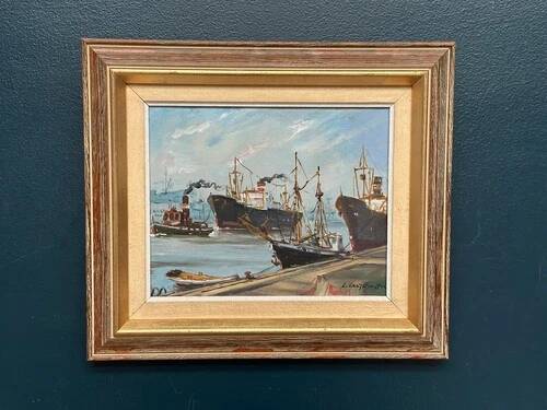 Oil on Canvas “Ships” by Josef Lang, Signed, Vintage & Framed 40×34cm