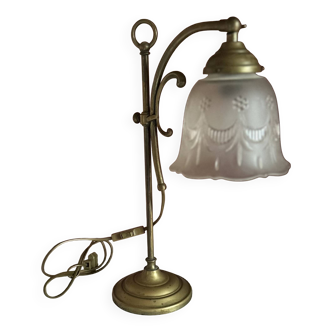 Brass table lamp, sculpted glass lampshade “art nouveau style”