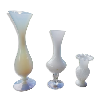 Trio of white opaline vases