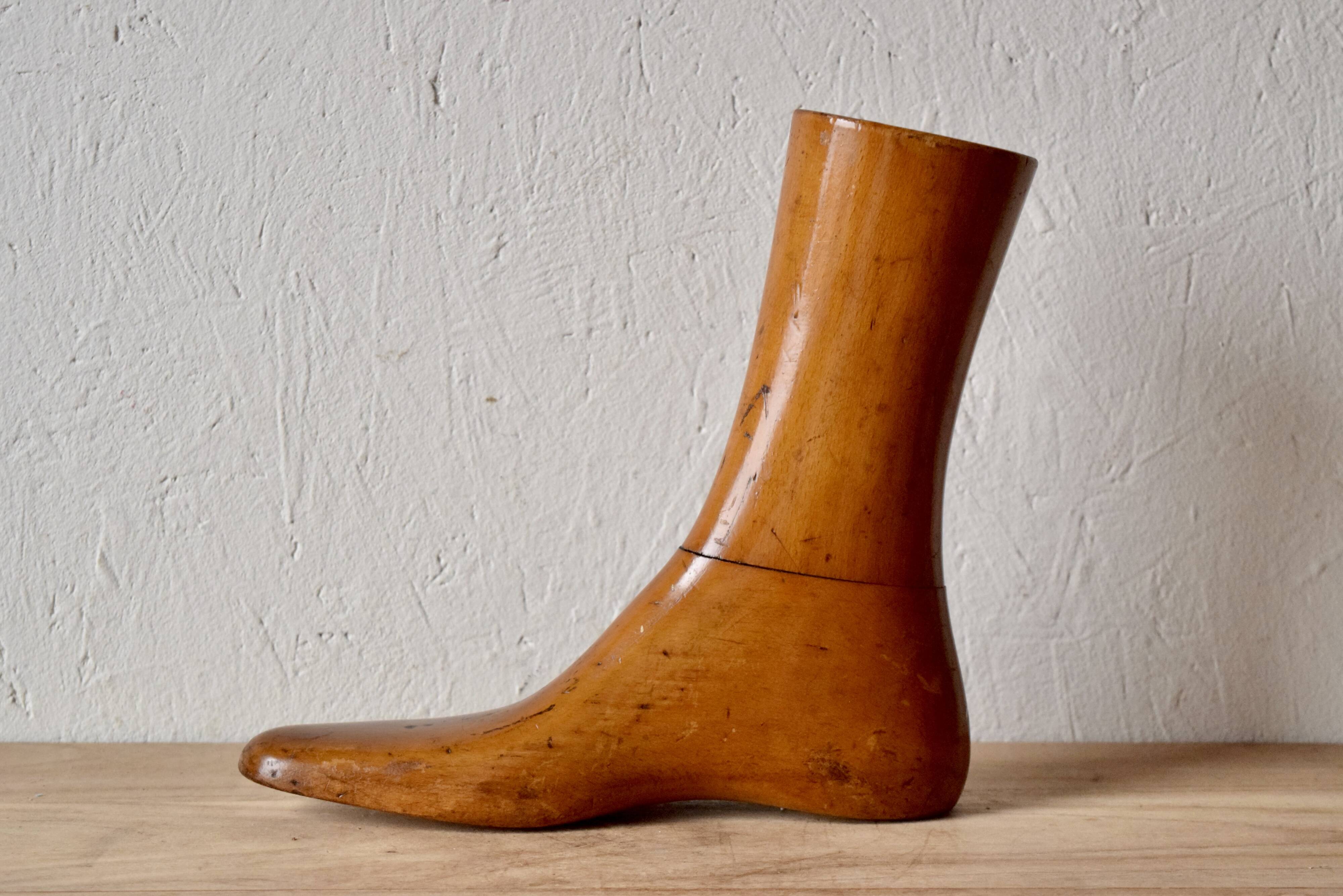 Old varnished wooden shoe mold - right foot