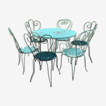 Garden blue green patinated wrought iron 3 chairs and 3 armchairs