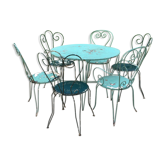Salon de jardin fer forgé patiné bleu vert 3 chaises et 3 fauteuils